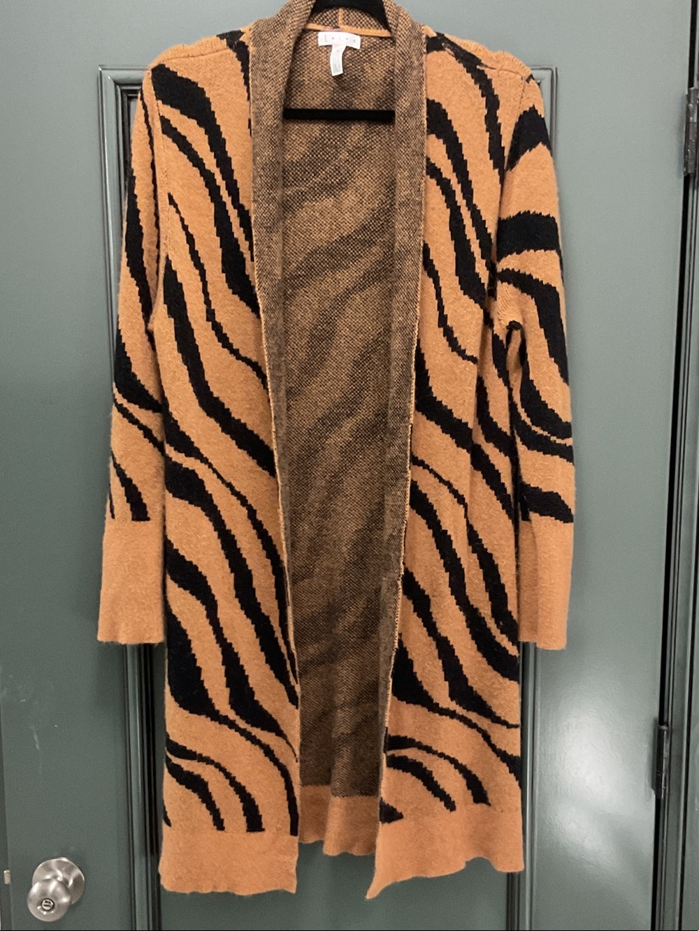 Leith Black & Camel Tiger-Print Open Front Long Sleeve Cardigan-S